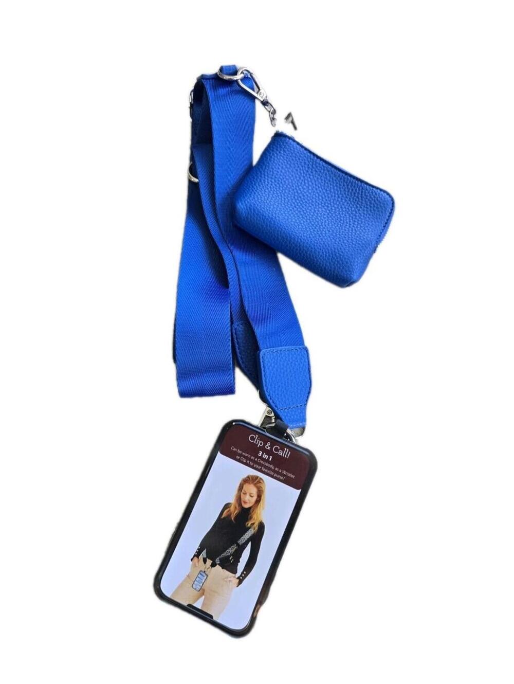Save The Girls Blue Pouch Crossbody Clip & Go Cell Phone Strap Travel Shopping
